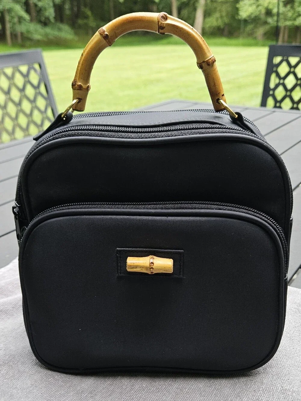Vintage Avon Black Nylon Organizer Travel Bag with Natural Bamboo Handle